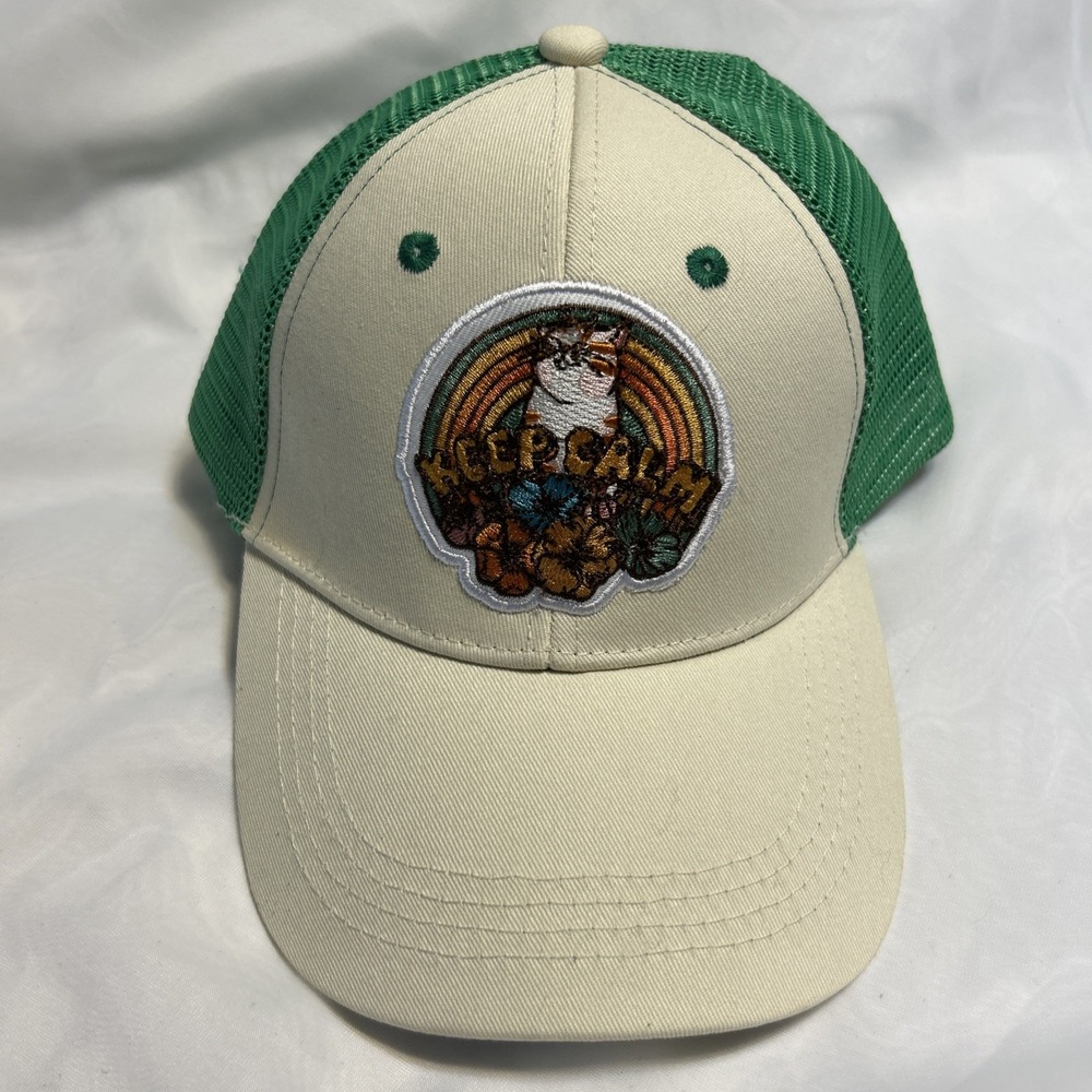 Cat Lady Mellow Meow Green Trucker Hat‎ Keep Calm Rainbow Patch Adjustable New